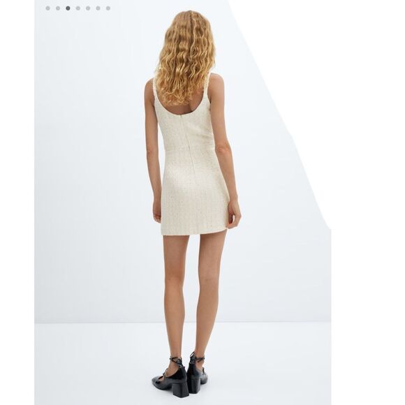 Mango Ivory Tweed Mini Dress Subtle Sequin Strappy Chic M - Picture 4 of 14